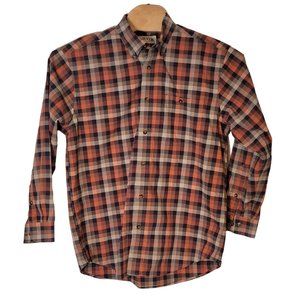 Orvis Button Down‎ Shirt Size Large Long Sleeve Orange Black Tan Plaid